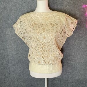Vintage Cream Embroidered Eyelet Lace Blouse | Floral Cut-Out Cottagecore Top